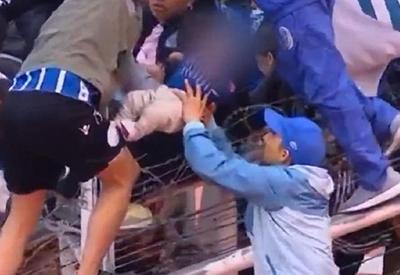 Bebê é retirado de briga em estádio pelo arame farpado da arquibancada