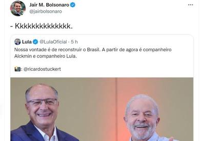 Bolsonaro ironiza foto de Lula com Alckmin: "Kkkkkkkkkkkkkk"