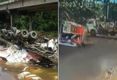 Série de acidentes: caminhão despenca de ponte e ambulância capota
