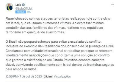Lula se diz "chocado" com ataques em Israel e pede a "existência de um Estado Palestino"