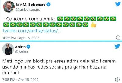 Anitta bloqueia Jair Bolsonaro após comentário no Twitter